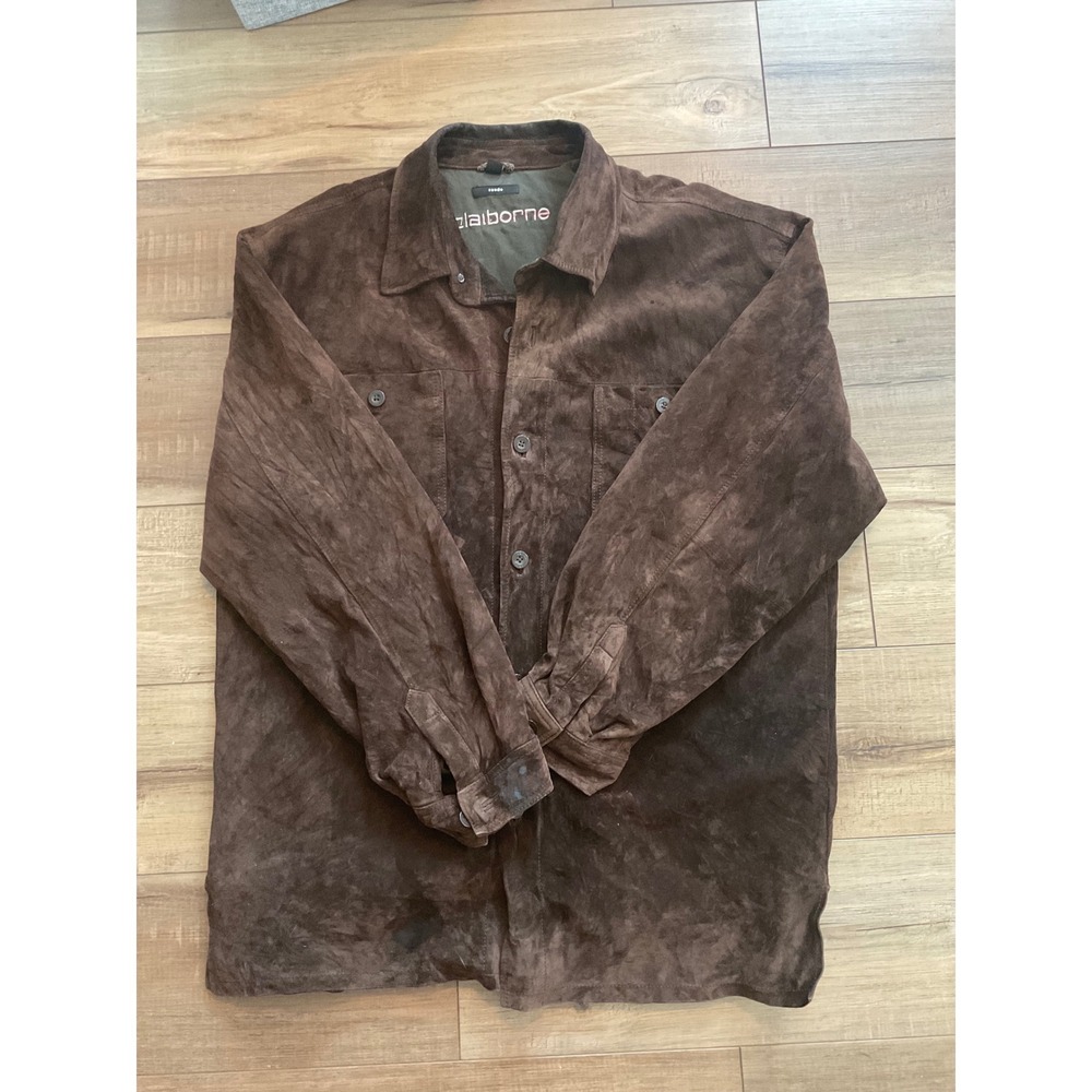 Claiborne Mens XL Brown Genuine Suede Leather Button Down Shirt Jacket Pockets